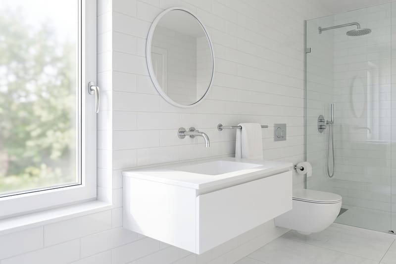 A bright white-tiled bathroom with a floating vanity