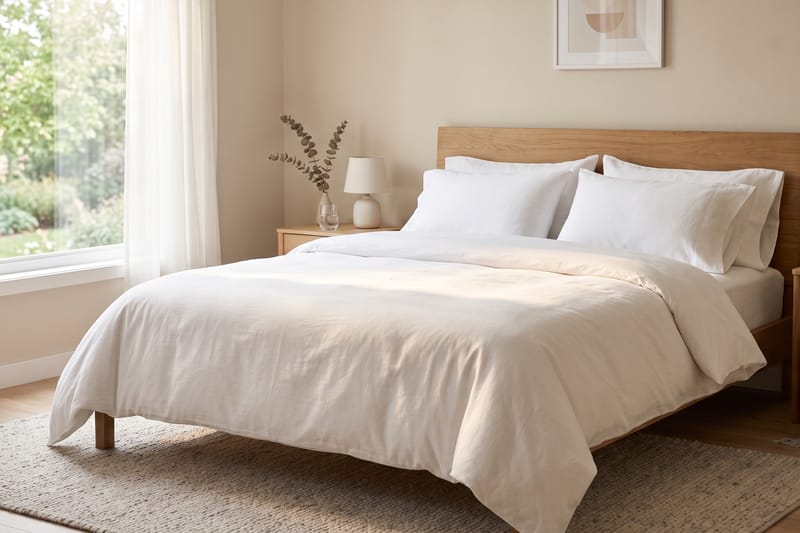 A freshly made bed with white linen in morning light