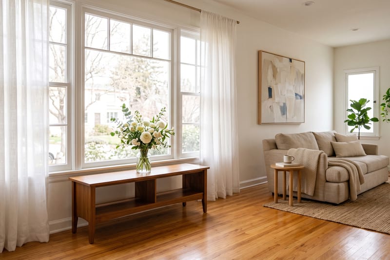 A sunlit living room with a polished wood floor and a vase of flowers