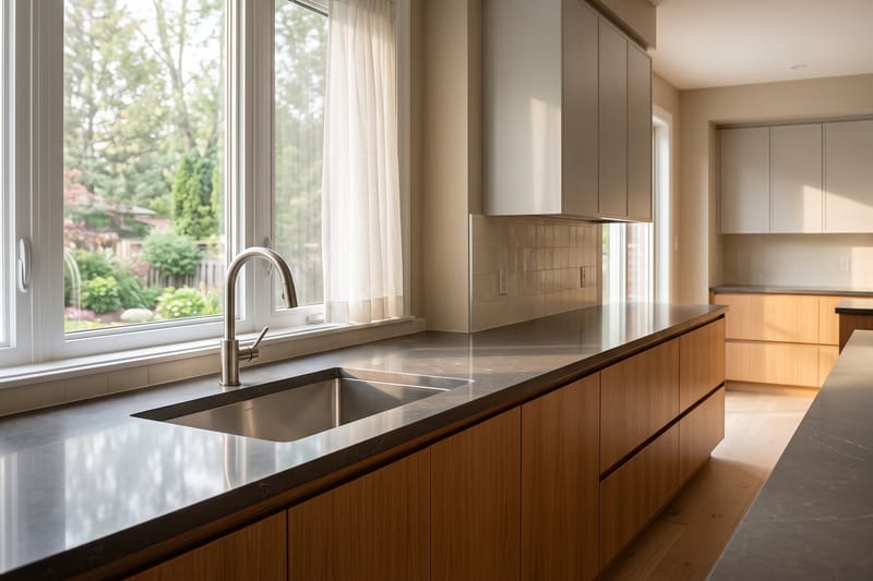 A clean, empty kitchen counter in warm daylight
